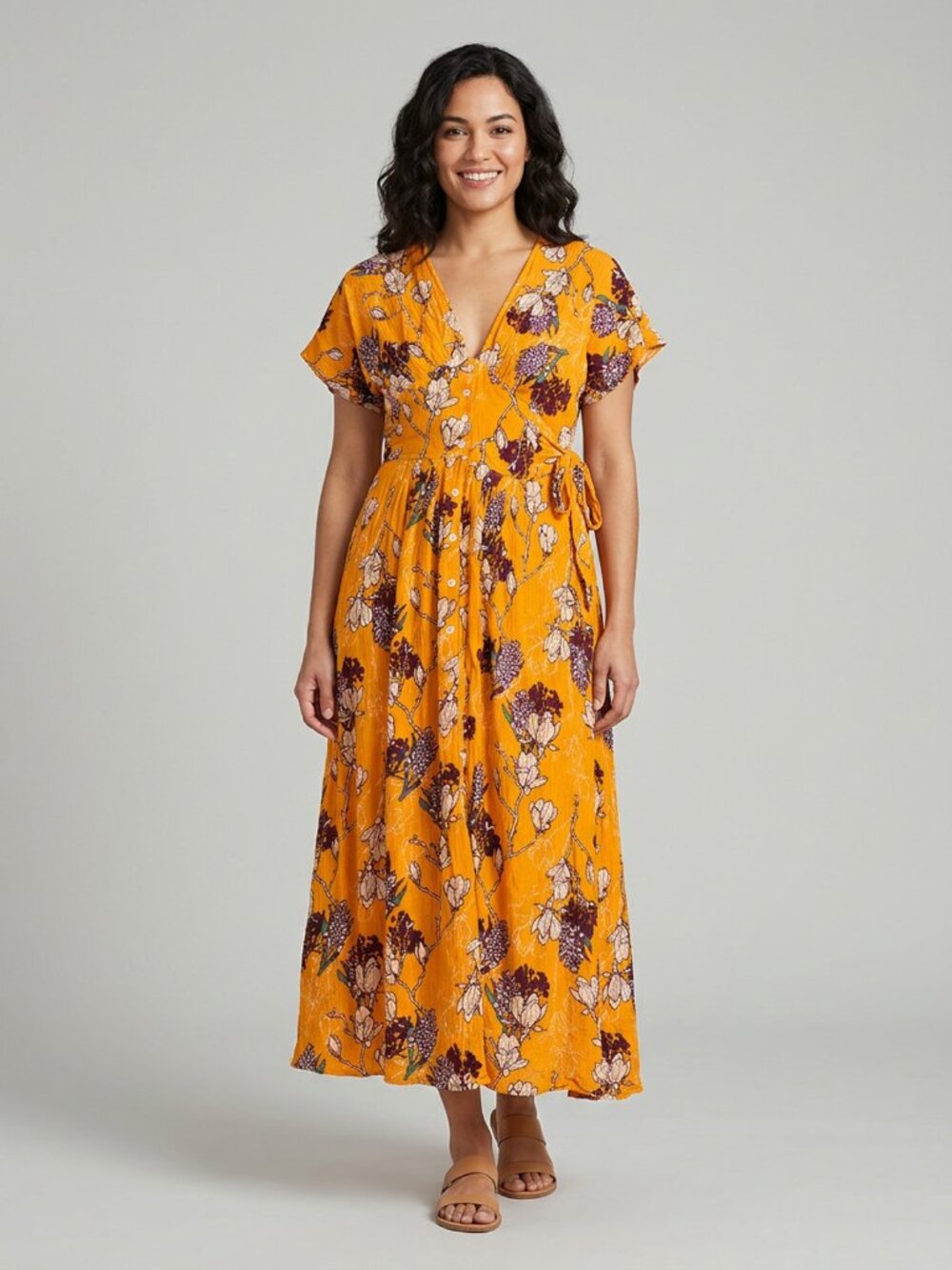 Pink + Sophie Orange Floral Tie Side Dress